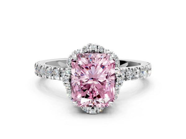 White gold Fancy Pink Radiant  Halo Diamond Pave Band Ring with Four-Prong Setting