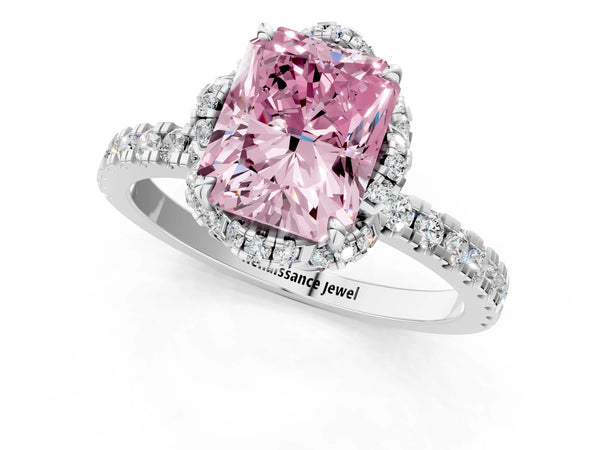 White gold Fancy Pink Radiant  Halo Diamond Pave Band Ring with Four-Prong Setting