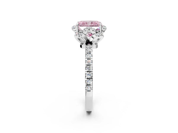 White gold Fancy Pink Radiant  Halo Diamond Pave Band Ring with Four-Prong Setting