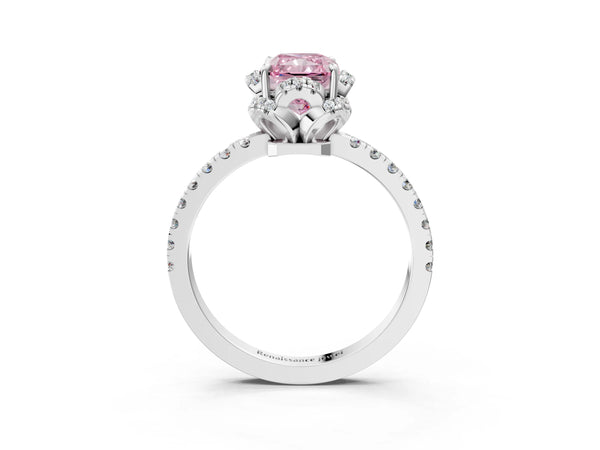 White gold Fancy Pink Radiant  Halo Diamond Pave Band Ring with Four-Prong Setting