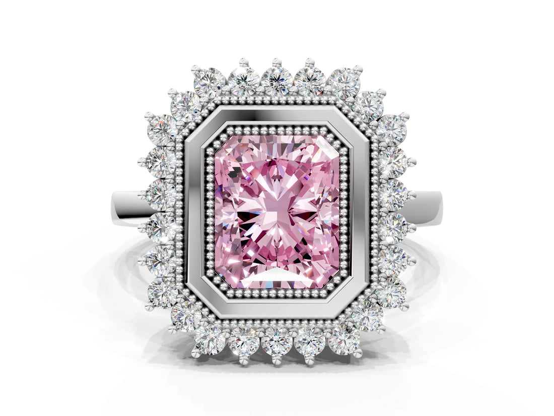 White gold Fancy Pink Radiant  Halo Diamond Ring with Milgrain Edge and Round Prong Setting_38