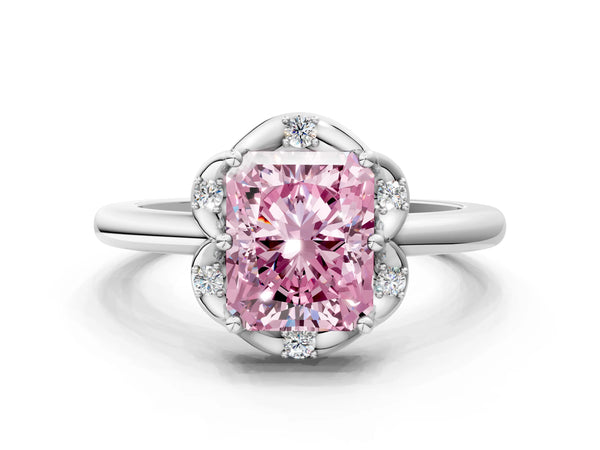 Platinum Fancy Pink Radiant  Halo Diamond Ring with Round Cluster Setting, Solitaire Band, and Four-Prong Setting