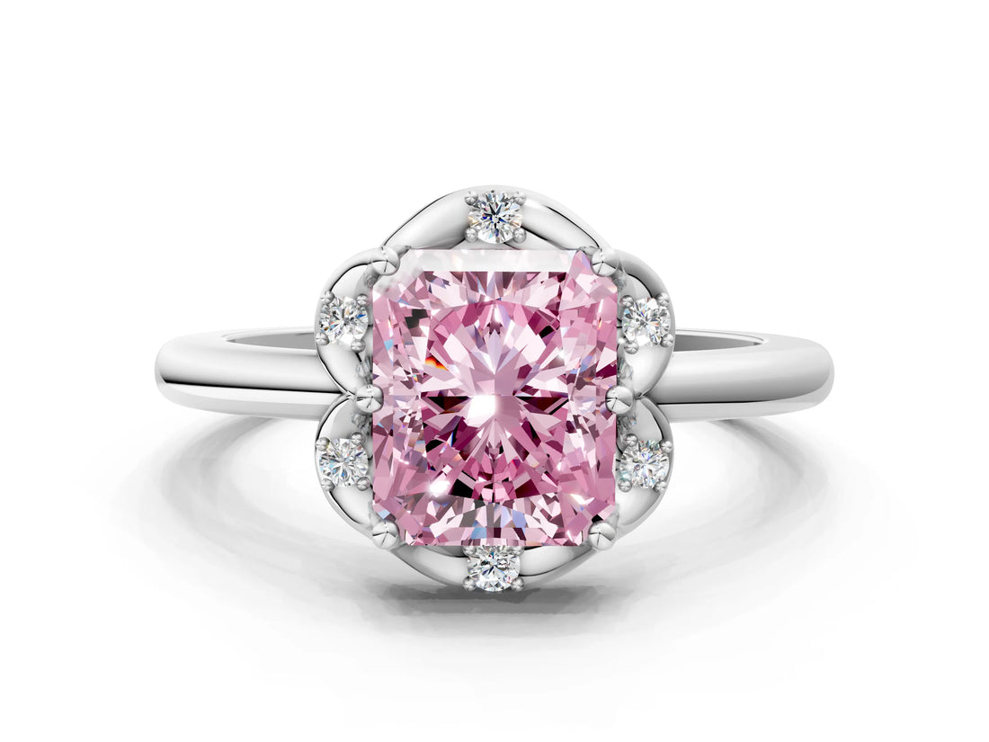 White gold Fancy Pink Radiant  Halo Diamond Ring with Round Cluster Setting, Solitaire Band, and Four-Prong Setting_49