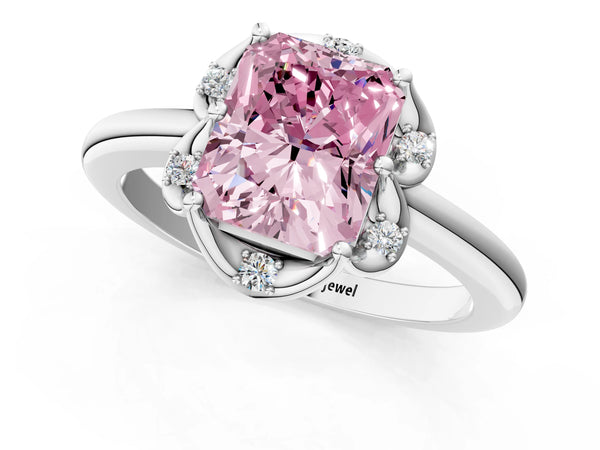 Platinum Fancy Pink Radiant  Halo Diamond Ring with Round Cluster Setting, Solitaire Band, and Four-Prong Setting