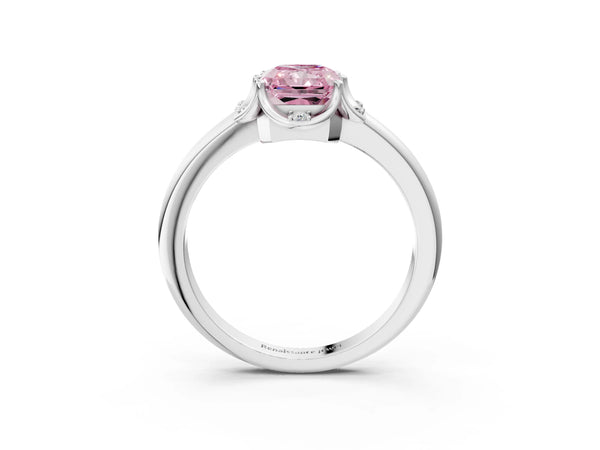 Platinum Fancy Pink Radiant  Halo Diamond Ring with Round Cluster Setting, Solitaire Band, and Four-Prong Setting