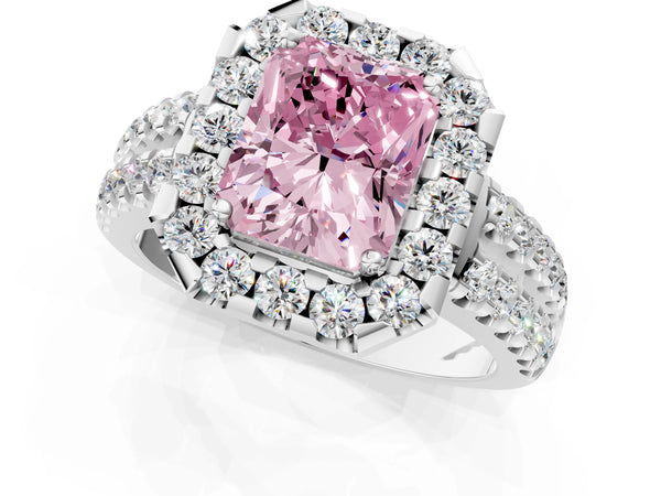 White gold Fancy Pink Radiant  Halo Diamond Split Shank Engagement Ring with Prong Setting