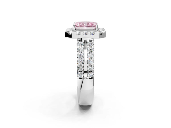 White gold Fancy Pink Radiant  Halo Diamond Split Shank Engagement Ring with Prong Setting