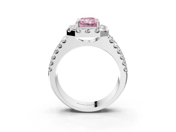 White gold Fancy Pink Radiant  Halo Diamond Split Shank Engagement Ring with Prong Setting