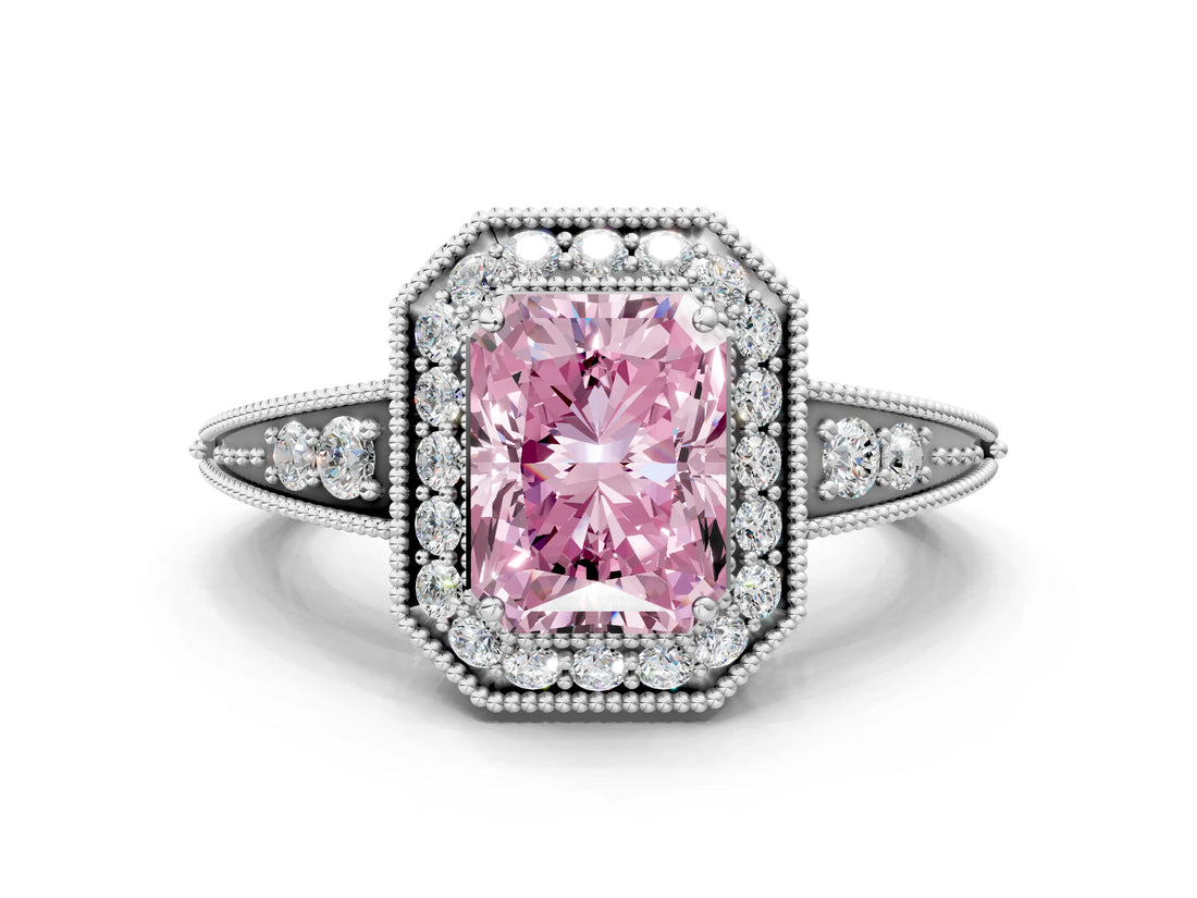 White gold Fancy Pink Radiant  Halo Diamond Split Shank Ring with Milgrain Detail_64