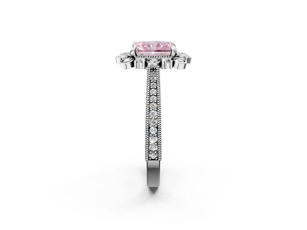 White Gold Radiant Cut Scalloped Milgrain Halo Engagement Ring Setting for Fancy Pink Center