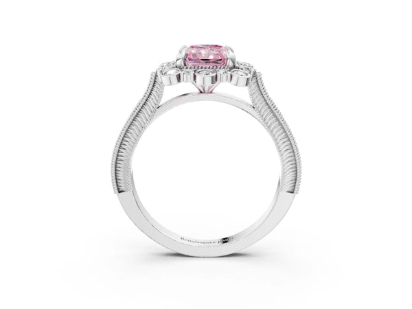 White Gold Radiant Cut Scalloped Milgrain Halo Engagement Ring Setting for Fancy Pink Center