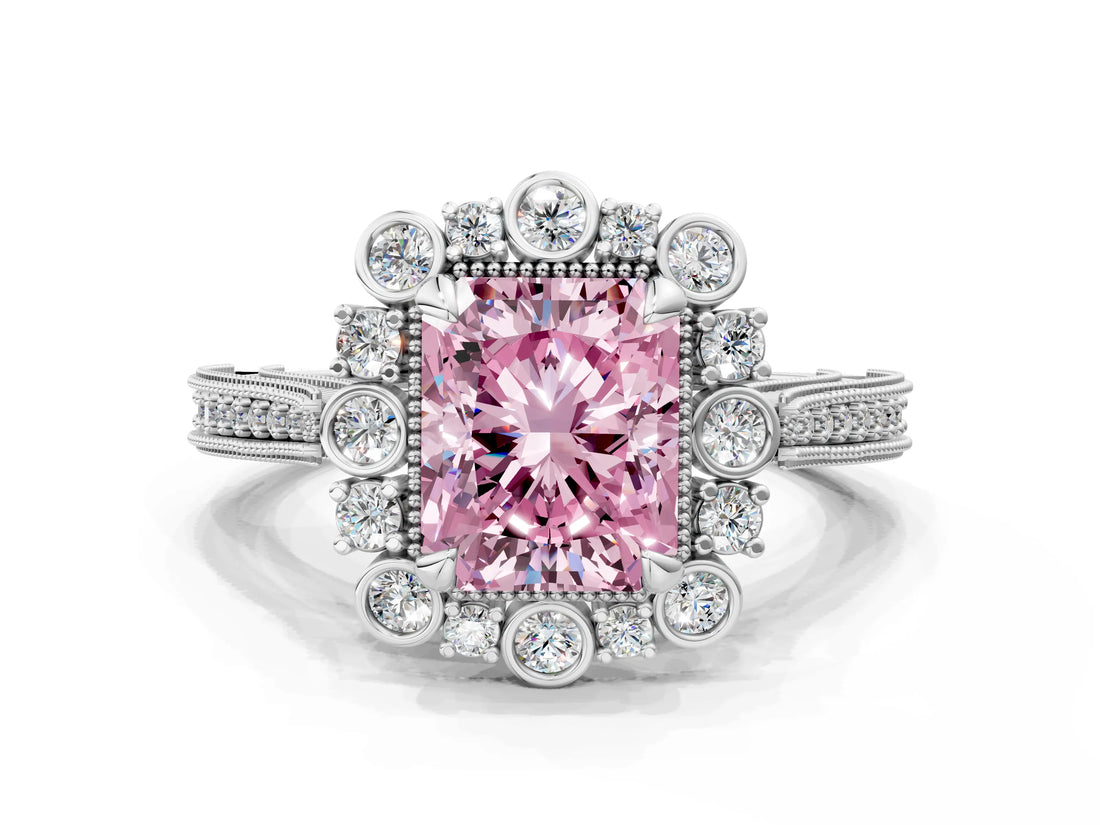 White gold Fancy Pink Radiant  Halo Milgrain Pave Diamond Ring with Four-Prong Setting