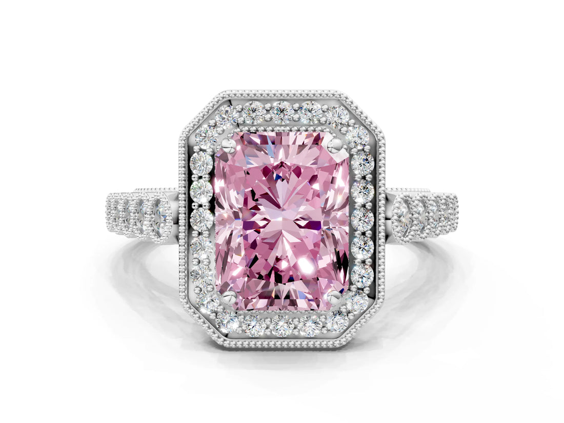 White gold Fancy Pink Radiant  Halo Milgrain Solitaire with Bezel Set Side Stones and Pave Band_32