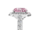 White gold Fancy Pink Radiant  Halo Milgrain Solitaire with Bezel Set Side Stones and Pave Band_37