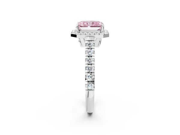 Platinum Fancy Pink Radiant  Halo Pavé Diamond Engagement Ring with Four-Prong Setting