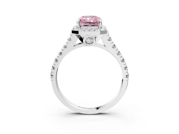Platinum Fancy Pink Radiant  Halo Pavé Diamond Engagement Ring with Four-Prong Setting