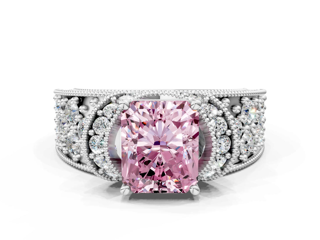 White gold Fancy Pink Radiant  Halo Pave Diamond Engagement Ring with Milgrain Detailing_48