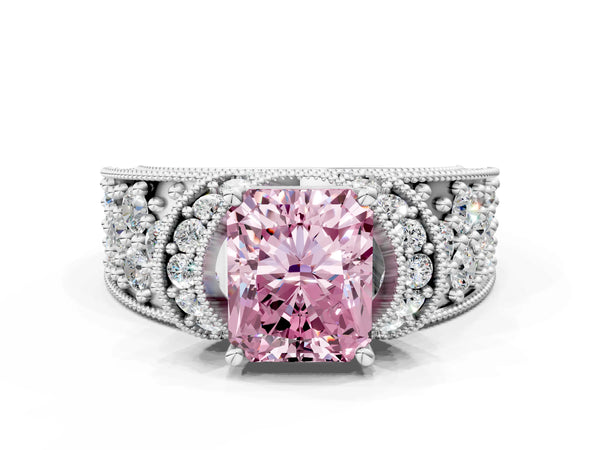 White gold Fancy Pink Radiant  Halo Pave Diamond Engagement Ring with Milgrain Detailing