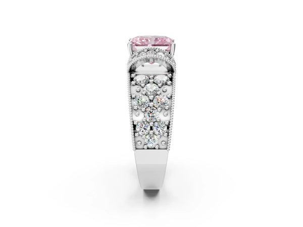 White gold Fancy Pink Radiant  Halo Pave Diamond Engagement Ring with Milgrain Detailing