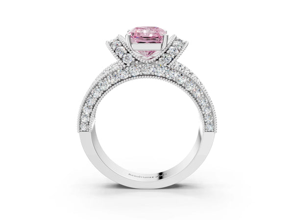 White gold Fancy Pink Radiant  Halo Pave Diamond Engagement Ring with Milgrain Detailing