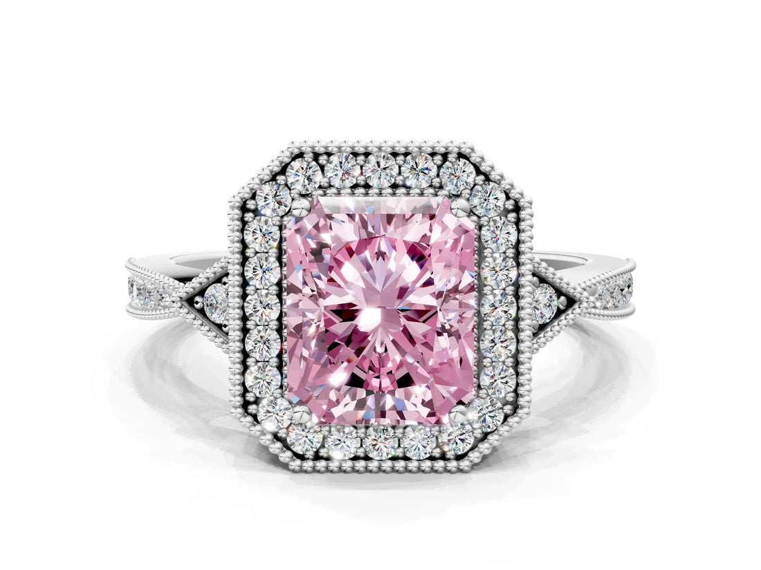White gold Fancy Pink Radiant  Halo Round Diamond Milgrain Pave Engagement Ring_3