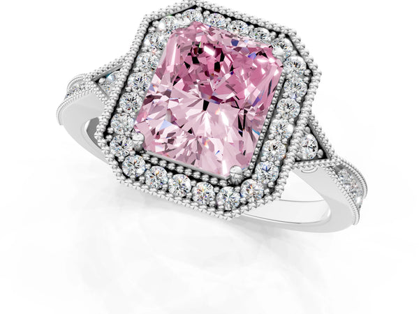 White gold Fancy Pink Radiant  Halo Round Diamond Milgrain Pave Engagement Ring