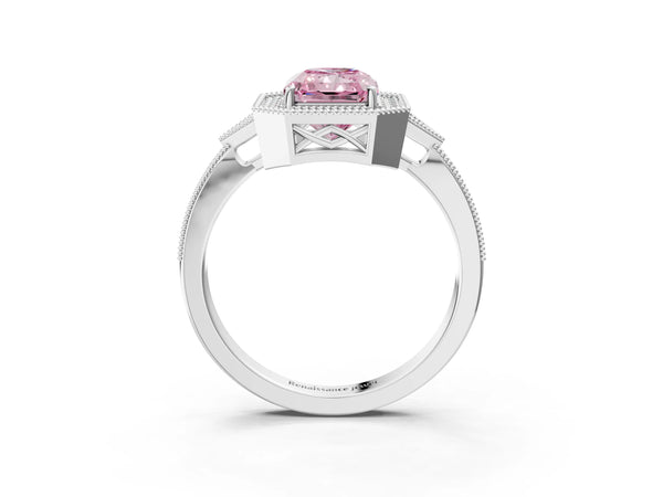 White gold Fancy Pink Radiant  Halo Round Diamond Milgrain Pave Engagement Ring