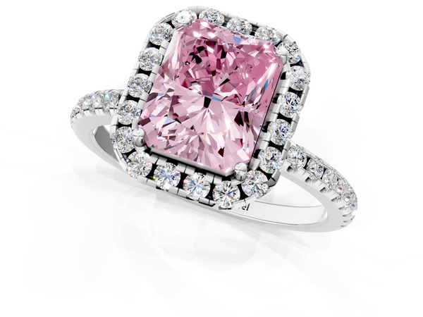 White gold Fancy Pink Radiant  Halo Round Diamond Pavé Band Four-Prong Ring