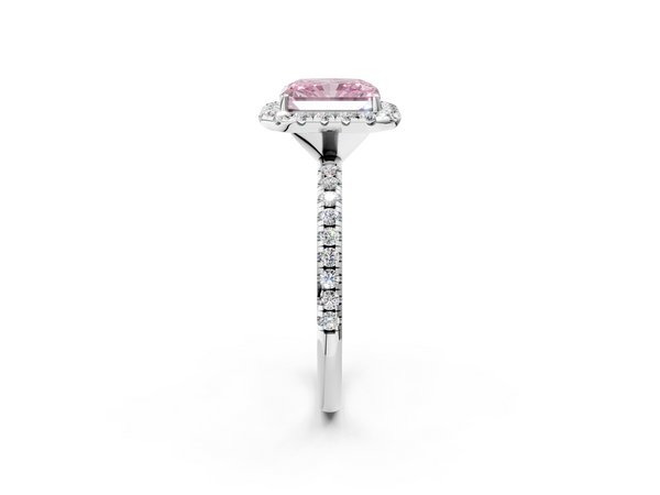 White gold Fancy Pink Radiant  Halo Round Diamond Pavé Band Four-Prong Ring