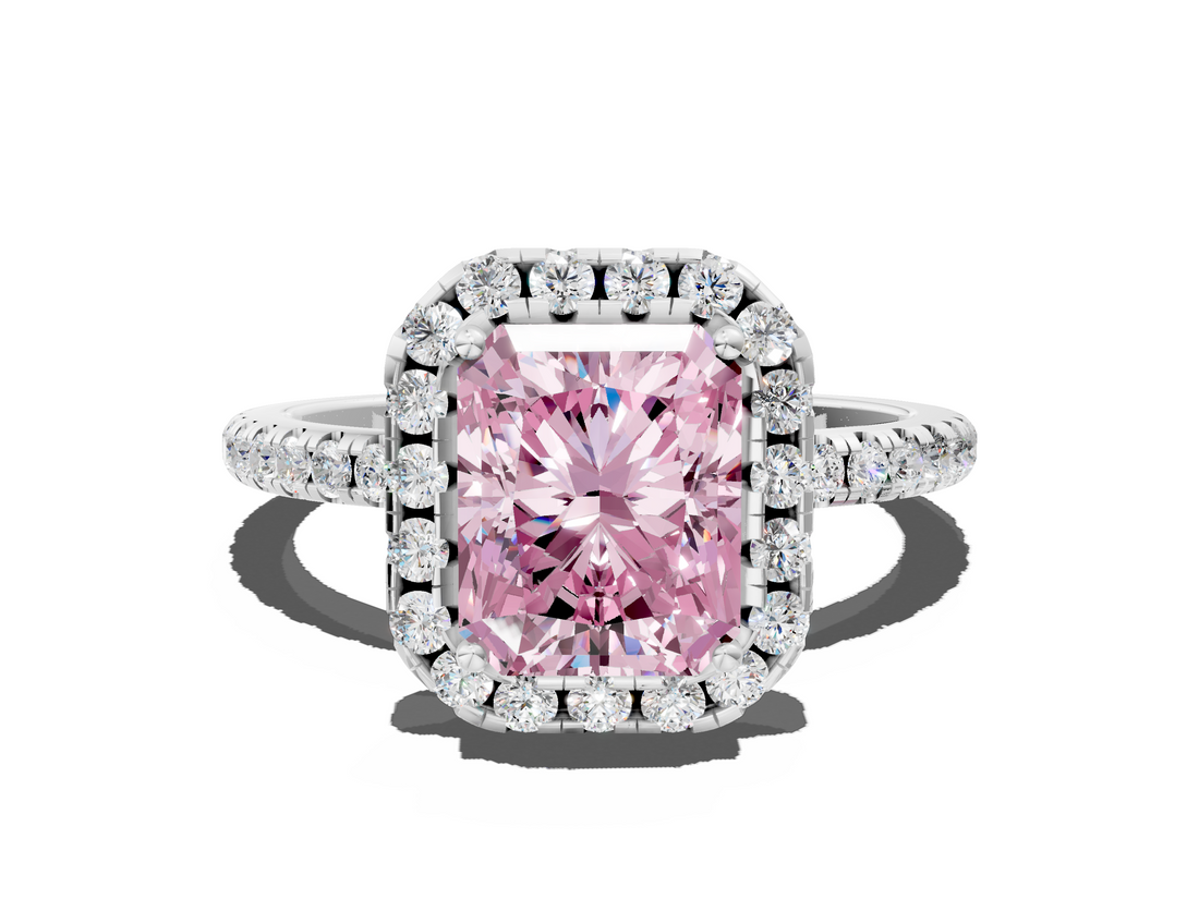 White gold Fancy Pink Radiant  Halo Round Diamond Pavé Band Four-Prong Ring_20