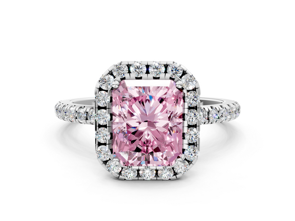 White gold Fancy Pink Radiant  Halo Round Diamond Pavé Band Four-Prong Ring