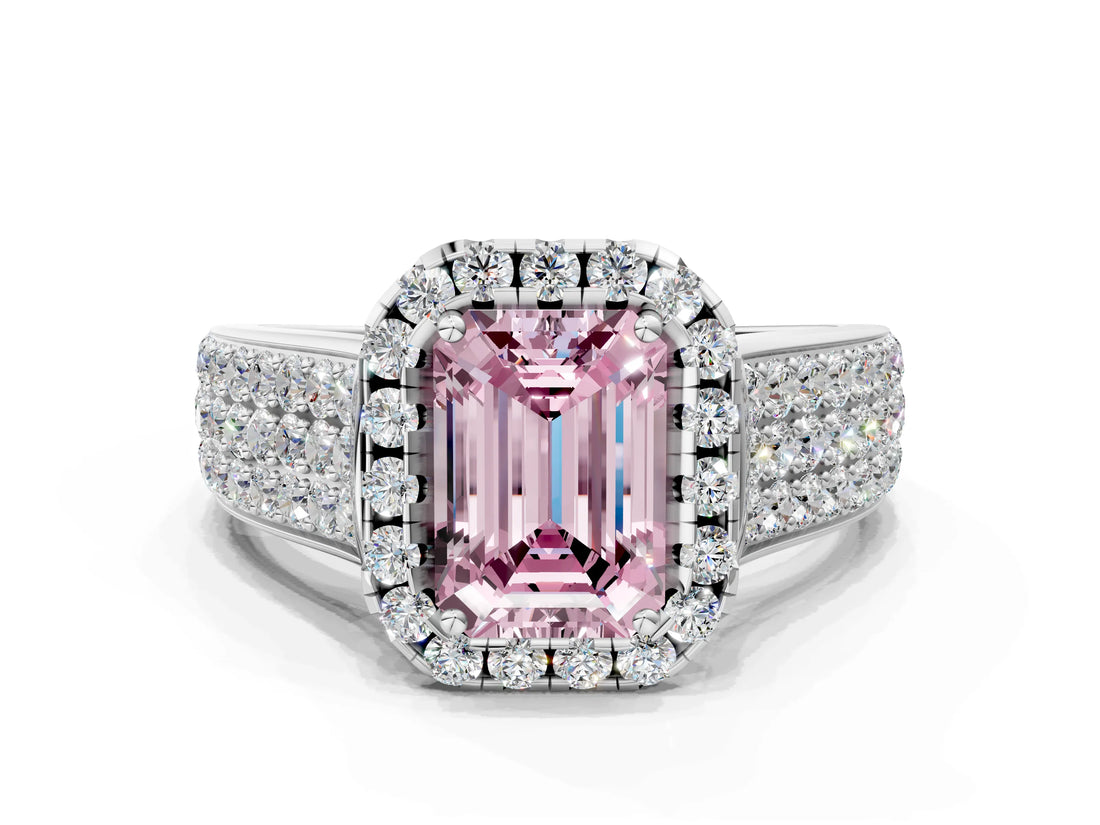 White gold Fancy Pink Radiant  Halo Round Diamond Pave Band with Prong Setting 1