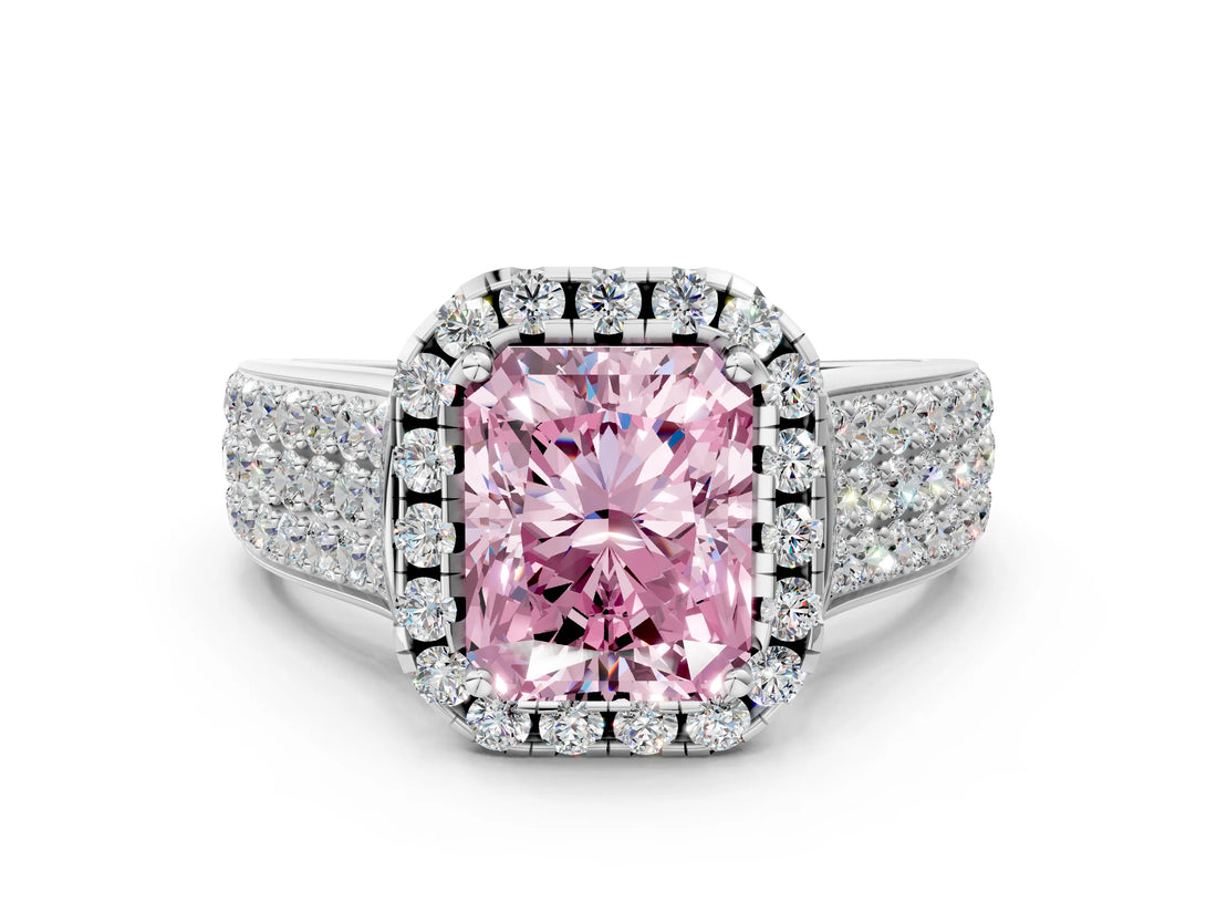 White gold Fancy Pink Radiant  Halo Round Diamond Pave Band with Prong Setting_12