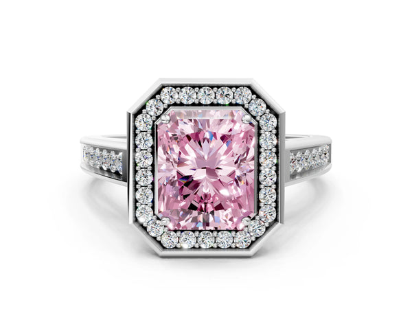 Platinum Fancy Pink Radiant  Halo Solitaire Diamond Ring with Pave Band and Bezel Setting