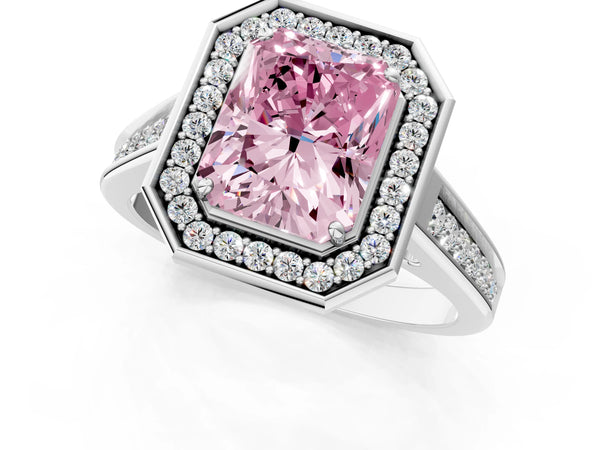 Platinum Fancy Pink Radiant  Halo Solitaire Diamond Ring with Pave Band and Bezel Setting
