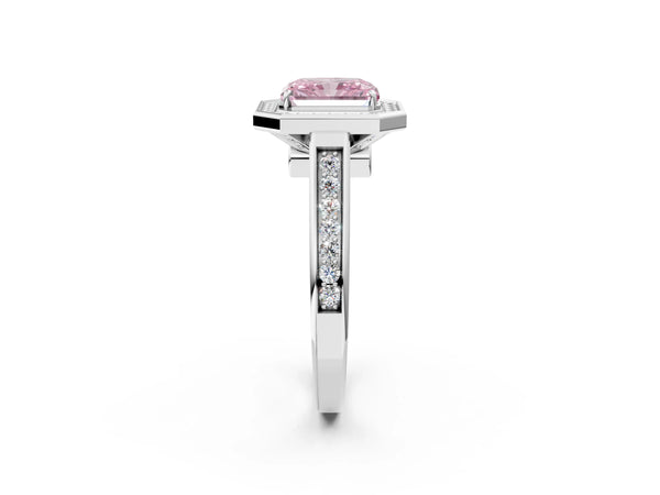 Platinum Fancy Pink Radiant  Halo Solitaire Diamond Ring with Pave Band and Bezel Setting