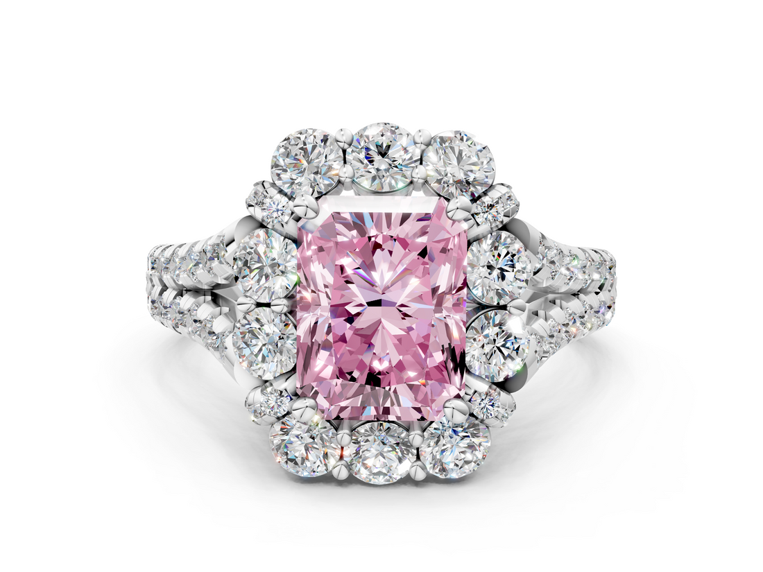 White gold Fancy Pink Radiant  Halo Split Shank Diamond Engagement Ring with Pave Band and Four-Prong Setting_54