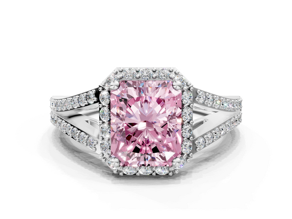 White gold Fancy Pink Radiant  Halo Split Shank Diamond Ring with Prong Setting