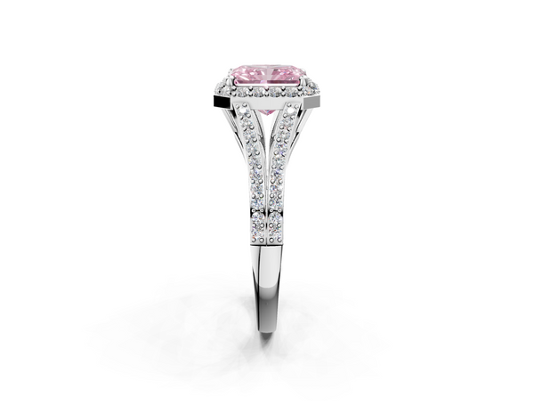 White gold Fancy Pink Radiant  Halo Split Shank Diamond Ring with Prong Setting
