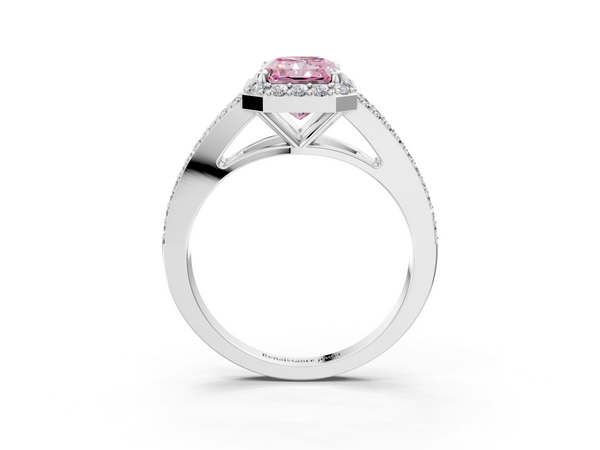 White gold Fancy Pink Radiant  Halo Split Shank Diamond Ring with Prong Setting