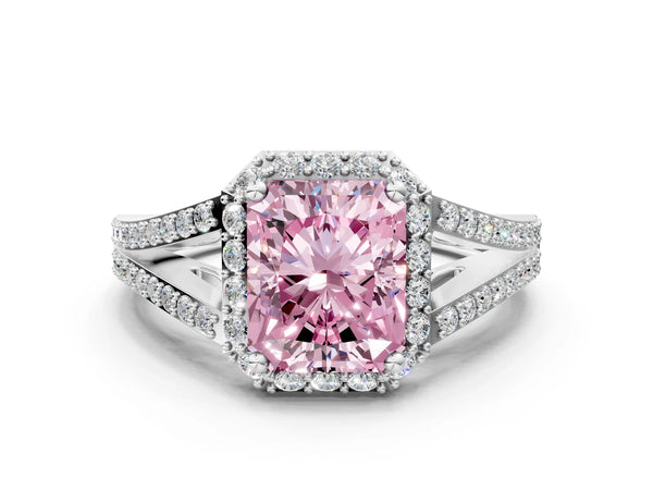 Platinum Fancy Pink Radiant  Halo Split Shank Pave Diamond Ring with Four-Prong Setting