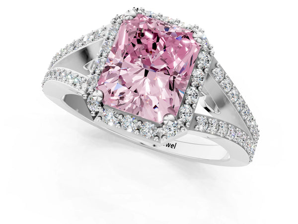 Platinum Fancy Pink Radiant  Halo Split Shank Pave Diamond Ring with Four-Prong Setting