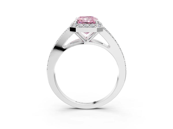 Platinum Fancy Pink Radiant  Halo Split Shank Pave Diamond Ring with Four-Prong Setting