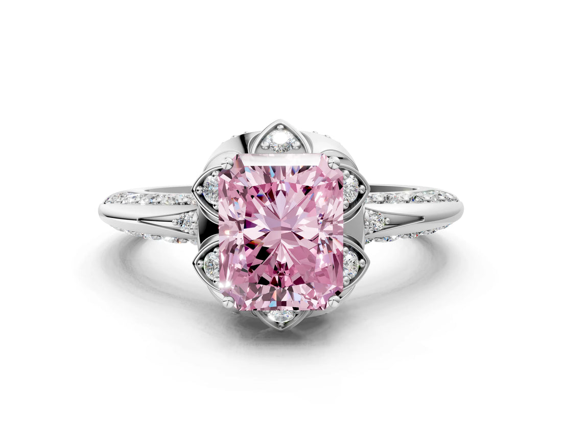 White gold Fancy Pink Radiant  Halo Split Shank Pave Diamond Ring with Petal Prong Setting_84