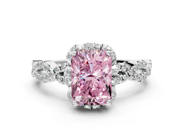 White gold Fancy Pink Radiant  Halo Twist Band Solitaire Ring with Six-Prong Setting