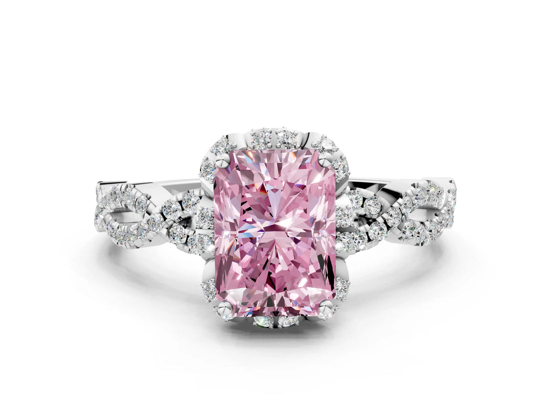 White gold Fancy Pink Radiant  Halo Twist Band Solitaire Ring with Six-Prong Setting_3