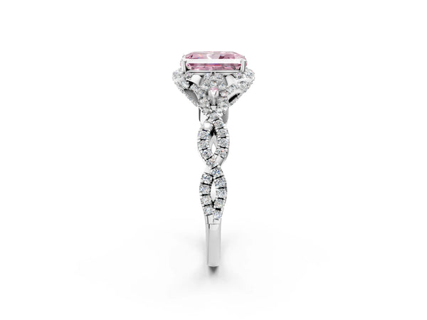 White gold Fancy Pink Radiant  Halo Twist Band Solitaire Ring with Six-Prong Setting