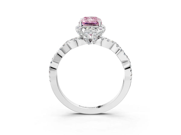 White gold Fancy Pink Radiant  Halo Twist Band Solitaire Ring with Six-Prong Setting