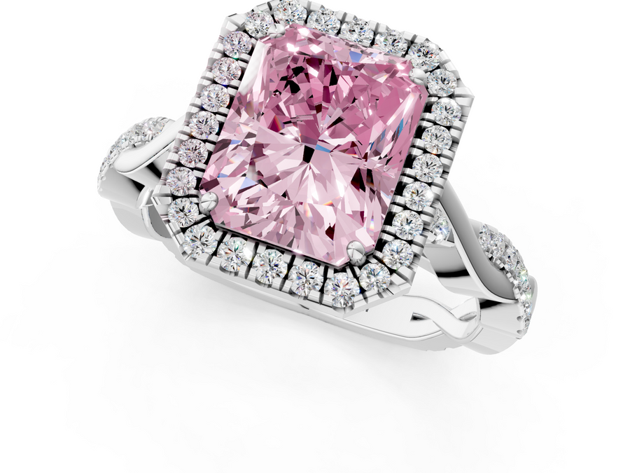 White gold Fancy Pink Radiant  Halo Twist Band Solitaire Ring