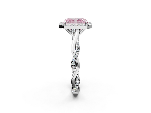 Platinum Fancy Pink Radiant  Halo Twist Band Solitaire Ring